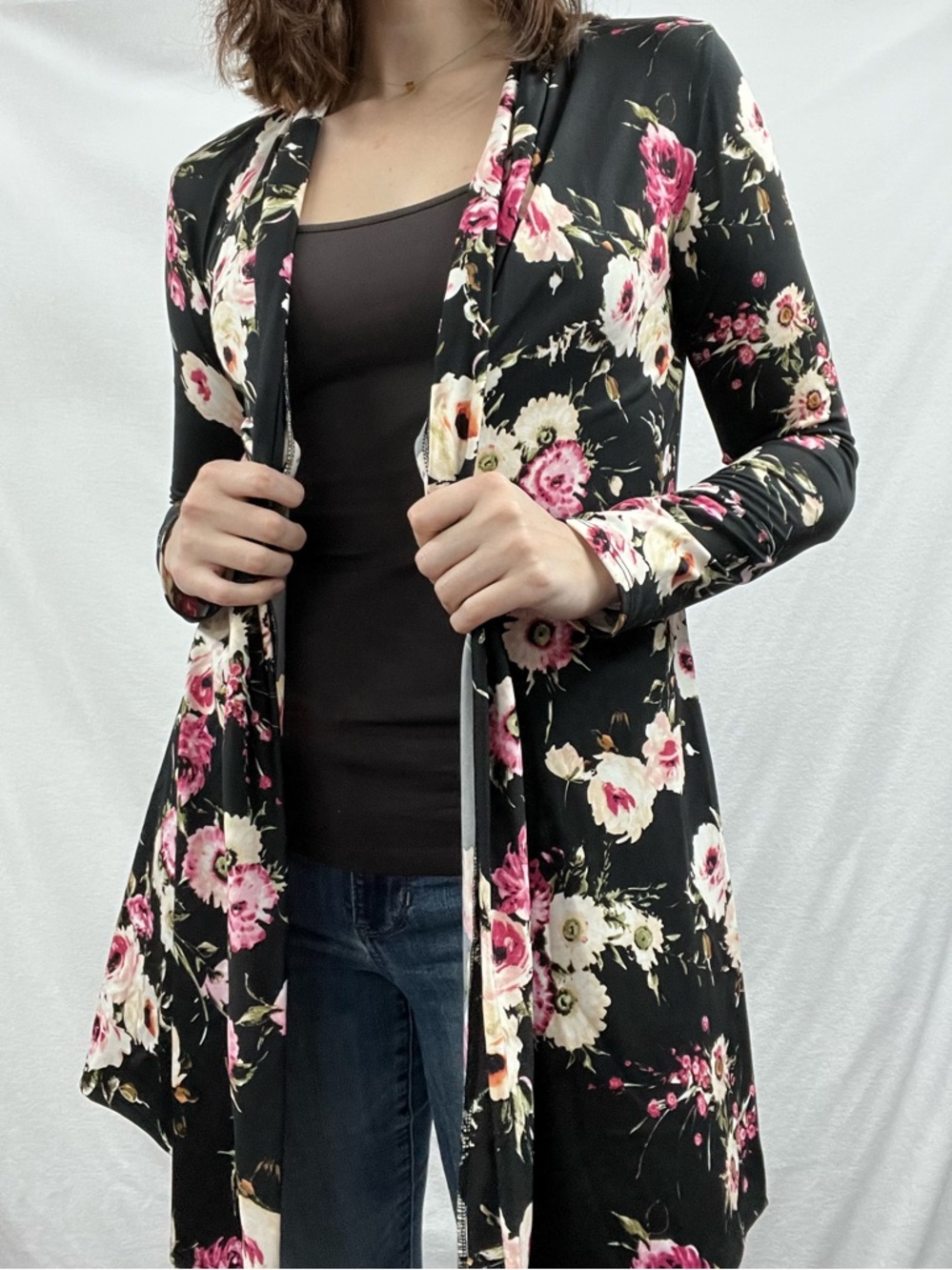 Black Floral Open Drape-Front Women's Cardigan with Pink Accents